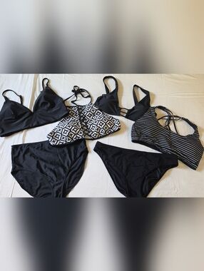 Black Two-Piece Bikini Set with Patterned and Striped Tops